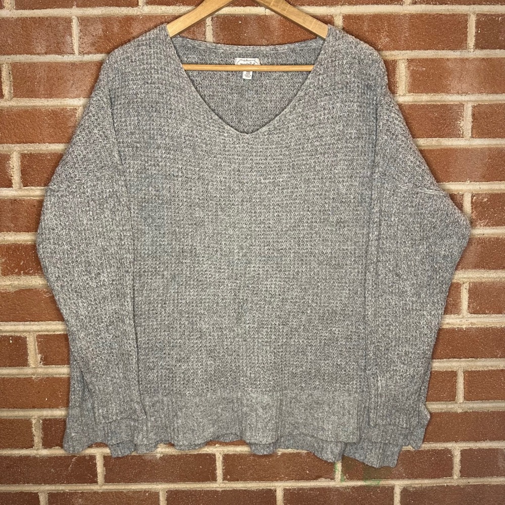 Mudpie Oversized‎ Knit V-Neck Gray Sweater One Size Loose Fit Comfortable